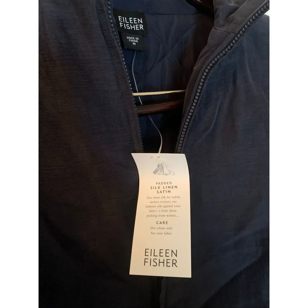 Eileen Fisher Midnight Blue Padded Habutai Silk Linen Jacket High Neck Size M